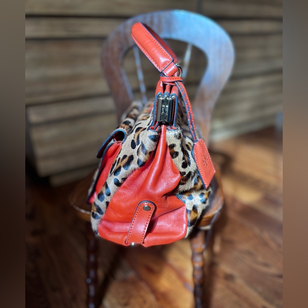 Tory Burch Priscilla Frame Leopard Print Top-Handle Satchel with Red/Orange Trim - Picture 3 of 9